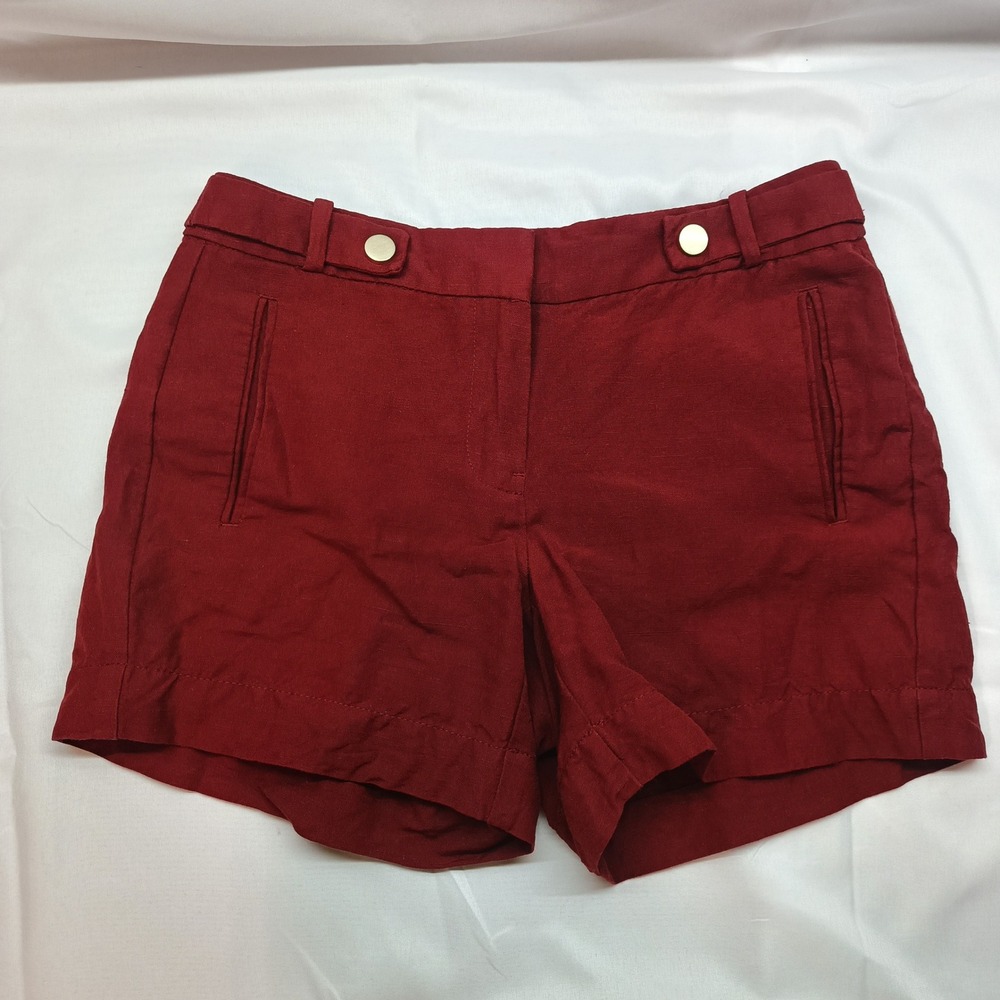 White House Black Market Burgundy Linen‎ Blend Shorts Gold Button Red Womens 00